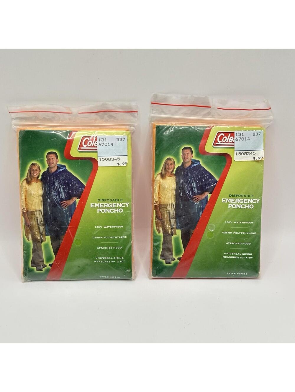 2 NEW Adult Coleman Rain Poncho Size 50x80" Hood & Snap Closure Orange w/ Pouch